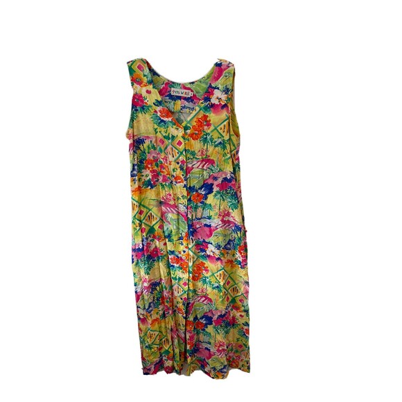 JAMS WORLD Sleeveless Button Front Cars Palm Trees Maxi Summer Dress W Size M - Picture 1 of 3